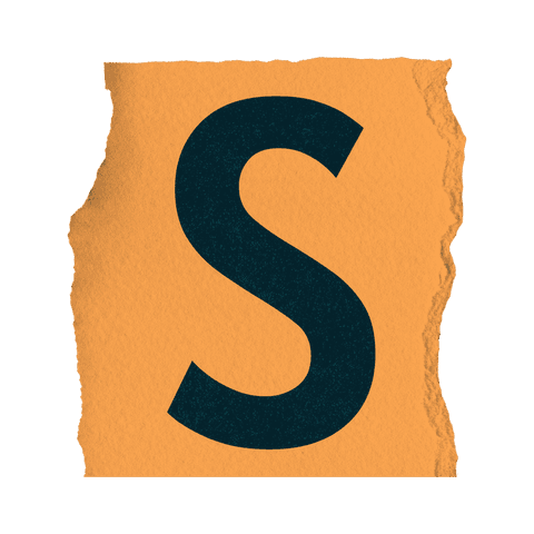 Bold Dark Teal Letter S on Torn Orange Paper with Transparent Background