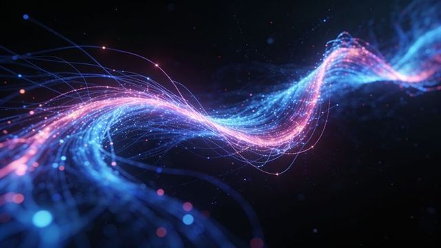 Luminous neon data stream flowing through dark digital space in cyan magenta