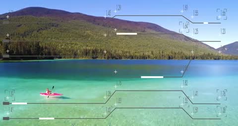 Kayaker on Turquoise Lake with Data Processing Overlay
