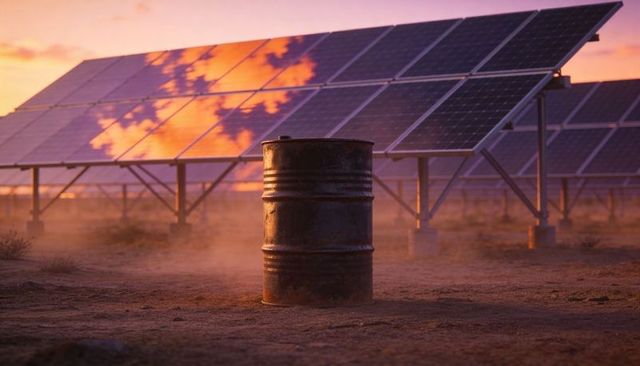 Rusty Steel Barrel Contrasting with Solar Panels at Dusty Desert Sunset, Energy Waste Concept