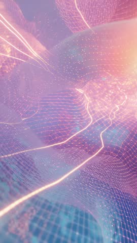 Vertical 3D Rippling Mesh with Neon Trails and Particles, Abstract Futuristic Wave Motion Loop