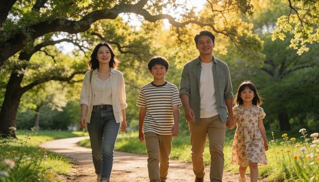 Family Walking at Golden Hour on Sunlit Park Trail Holding Hands and Smiling