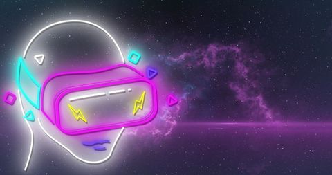 Neon VR Headset in Futuristic Universe with Purple Cosmic Background