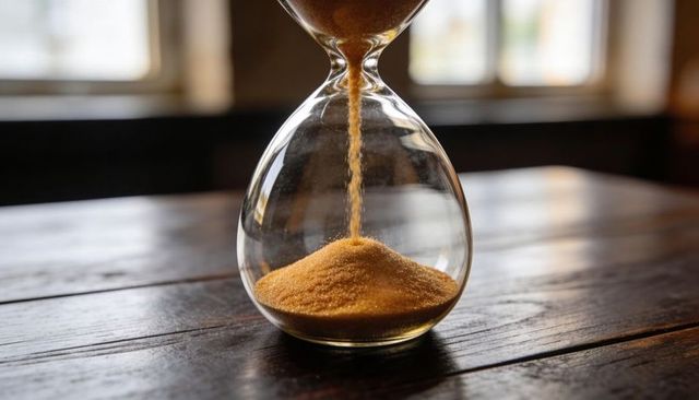 Flowing golden sand through glass hourglass on wooden table backlit warm still life
