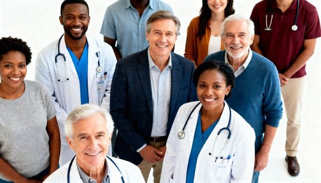 Smiling diverse healthcare team standing in clinic wearing lab coats and stethoscopes