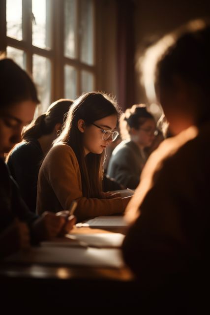 Students are focusing on their studies in a classroom bathed in sunlight. Ideal for use in educational content, websites, articles on student life, or academic resources, emphasizing learning and focus.