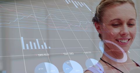 Woman in Gym with Financial Graphs, Concept of Fitness and Business Growth