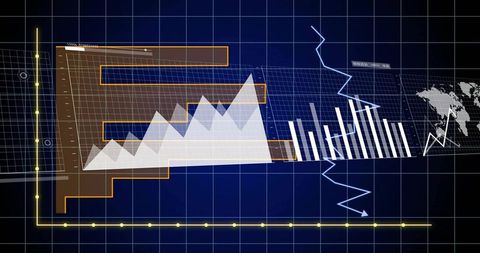 Displaying digital finance dashboard with layered area charts, bar graphs and grid overlay