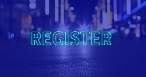 Register text over blue-colored road with digital aesthetics