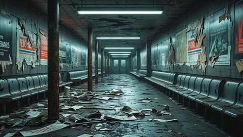 Abandoned subway scene with rusted benches and peeling posters in apocalypse aftermath