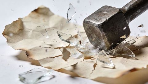 Sledgehammer smashing glass and singed paper, shards scattering in high-impact close-up