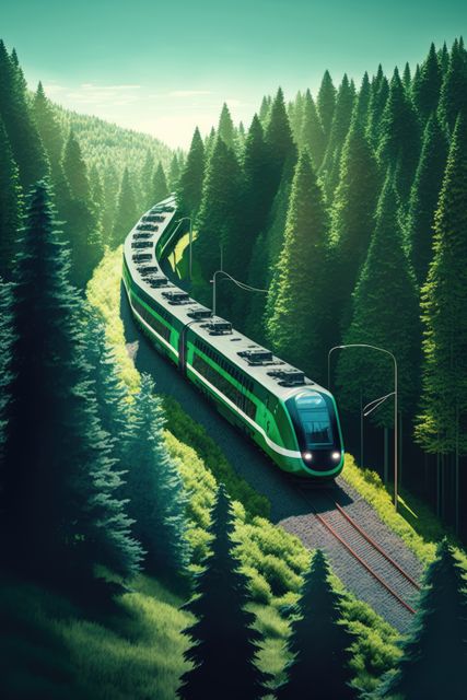 Image of modern train on tracks in fir tree forest, created using generative ai technology. Transport, travel and train, digitally generated image.