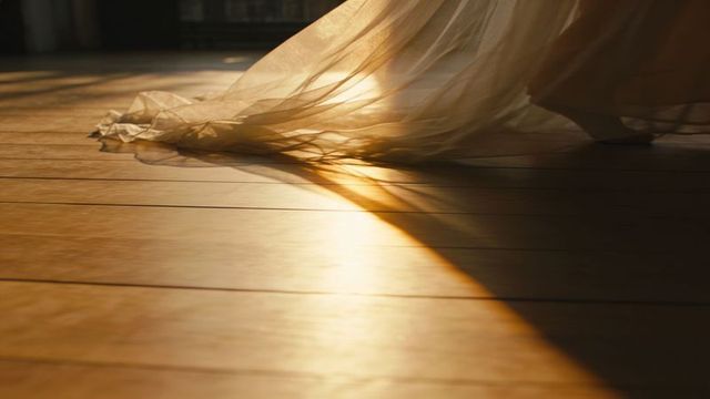 Sheer bridal train catching golden sunlight on wide wooden floor with layered shadows