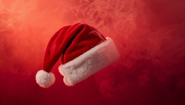 Floating santa hat with velvet fabric and faux-fur pom-pom on smoky red background
