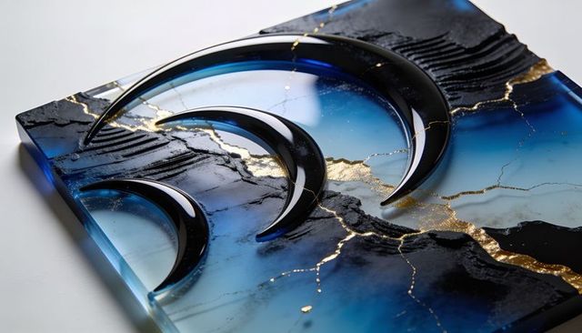 Displaying resin art panel with blue gradient, gold veins, glossy crescent shapes, lacquer