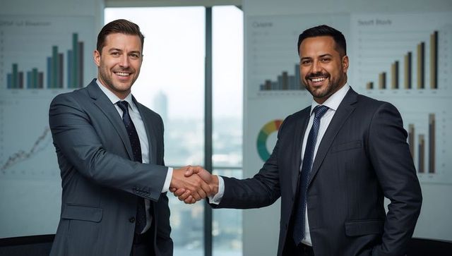 Confident business leaders shaking hands after closing deal with growth charts and insights