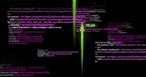 Neon green vertical beam cutting through floating javascript code with magenta glow