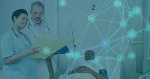 Healthcare Team Analyzing Patient Chart with Data Network Visualization