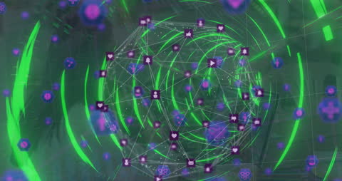 Animated Digital Network Overlay with Icons and Figures