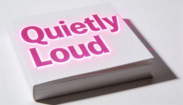 Minimal white book featuring neon magenta quietly loud typography casting pink glow