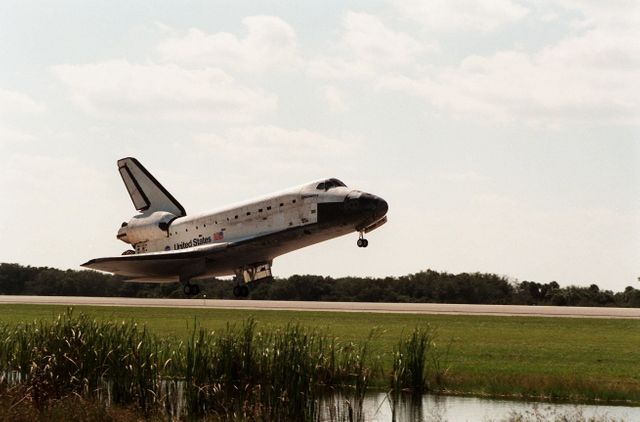 Orbiter Discovery touches down on runway 33 at the Shuttle Landing Facility after a successful mission of nearly nine days and 3.6 million miles. Main gear touchdown was at 12:04 p.m. EST, landing on orbit 135. The STS-95 crew consists of Mission Commander Curtis L. Brown Jr.; Pilot Steven W. Lindsey; Mission Specialist Scott E. Parazynski; Mission Specialist Stephen K. Robinson; Payload Specialist John H. Glenn Jr., a senator from Ohio; Mission Specialist Pedro Duque, with the European Space Agency (ESA); and Payload Specialist Chiaki Mukai, M.D., with the National Space Development Agency of Japan (NASDA). The mission included research payloads such as the Spartan solar-observing deployable spacecraft, the Hubble Space Telescope Orbital Systems Test Platform, the International Extreme Ultraviolet Hitchhiker, as well as the SPACEHAB single module with experiments on space flight and the aging process