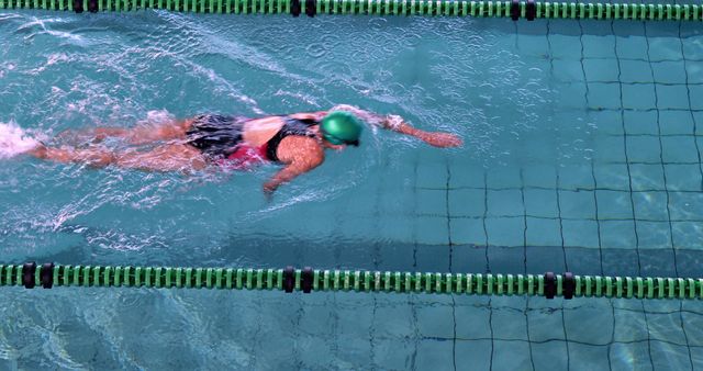 Young Woman Swimming Freestyle in Pool with Green Swim Cap - Download Free Stock Images Pikwizard.com