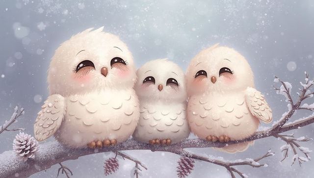 Three fluffy snowy owls perching on snow-dusted branch, winter bokeh scene