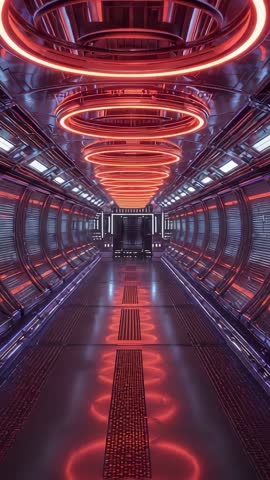 Gliding forward through futuristic neon corridor with pulsing red rings | Sci-fi loop