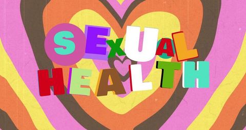 Retro psychedelic sexual health typography collage with layered hearts and colorful letters