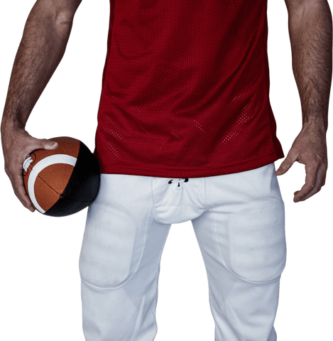 Transparent midsection rugby player holding ball red white attire
