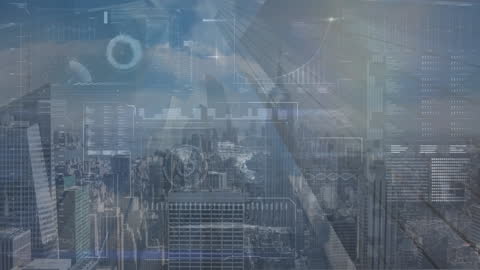 Futuristic Cityscape with Data Overlay and Network Connections