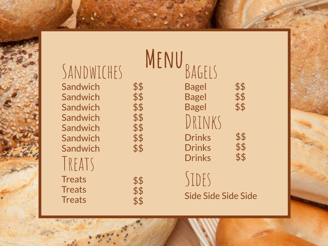 This bakery menu template features a comfortable bread-themed background, ideal for creating a warm and inviting look for your print or digital menu. Suitable for bakeries, cafes, and coffee shops looking to enhance their brand presence. Plaintext fields allow easy customization of items and prices, helping create a visually appealing and professional menu to attract and inform customers.