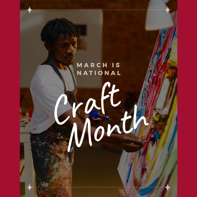 Capture the essence of National Craft Month with an inspiring image of an African American artist creating a vibrant painting. Highlighting the creative process, this photo is perfect for promoting art events, workshops, and galleries. Use it for social media campaigns, blog posts about art and creativity, or educational materials on visual arts.