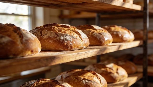 Sunlit rustic sourdough loaves cooling on wooden bakery shelves, artisan bread