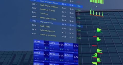 Digital financial data processing mockup on urban building