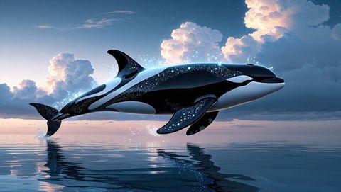 Orca whale gliding across calm sea at sunset with starry accents