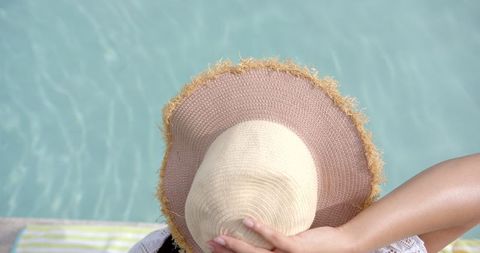 Relaxing by Refreshing Swimming Pool in Stylish Sunhat