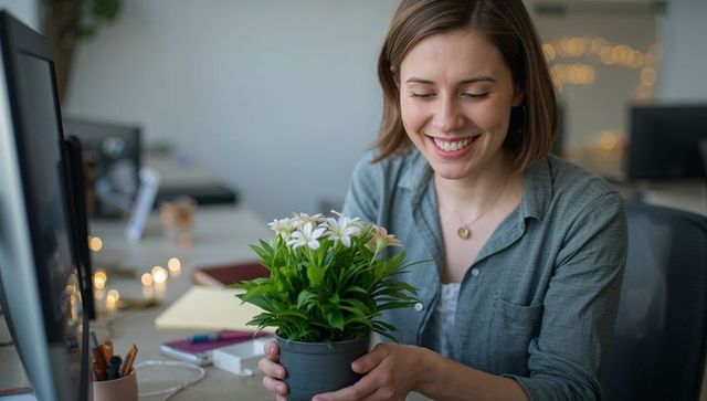 Smiling woman tending potted plant at modern office desk, workplace greenery