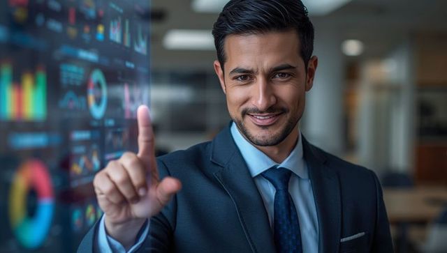 Business executive engaging with transparent touchscreen display