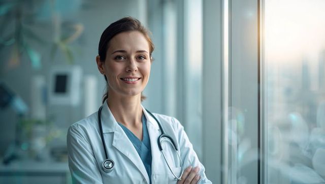 Smiling female doctor standing by window in modern hospital clinic wearing stethoscope