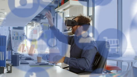 Businessman Immersed in Virtual Reality at Modern Office