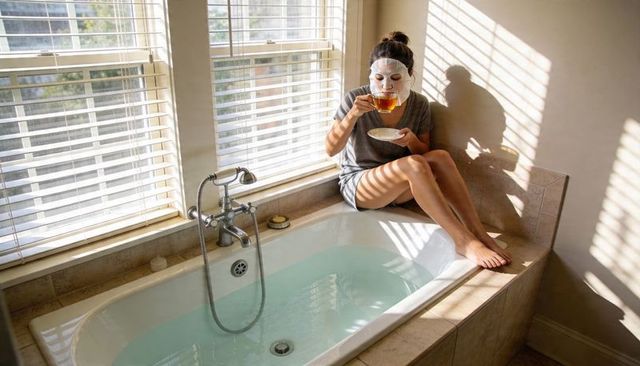 Sipping tea while wearing sheet mask on bathtub edge in sunlit bathroom for self-care