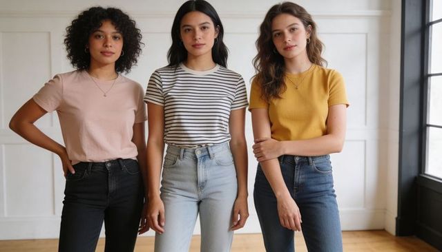 Posing trio of young women wearing fitted tees and high-waist jeans in natural light