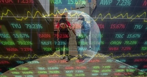 Climbing investors on urban staircase with digital stock market ticker and globe overlay