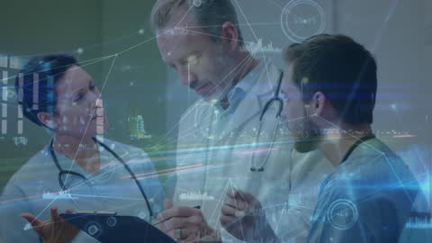 Medical Team Analyzing Data with Digital Interface Overlay