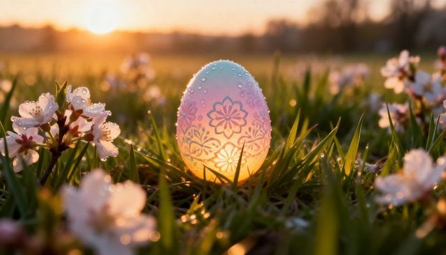 Glowing pastel easter egg resting in dewy grass at sunrise with blossoms and droplets