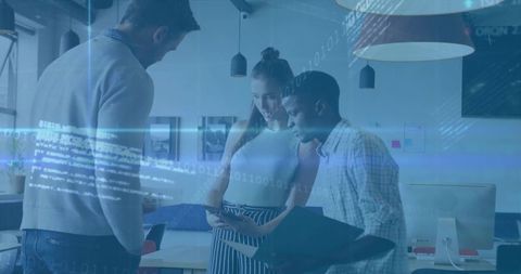 Innovative Team Collaborating in Modern Office with Digital Overlay