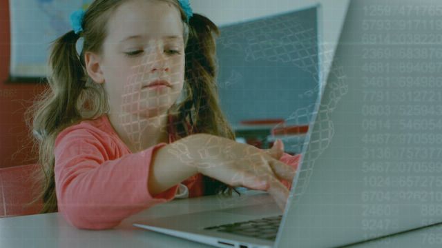 Young girl engaging with a laptop, highlighting the integration of education and modern technology with a global financial data overlay. This video is perfect for illustrating topics related to digital learning, technology in education, future entrepreneurs, and the impact of technology on children’s education.