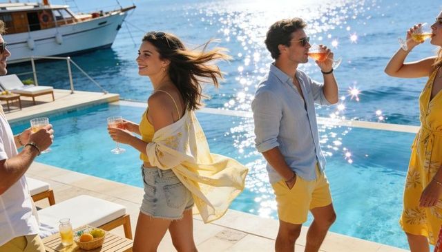 Sunlit coastal pool party friends enjoying drinks beside yacht and sparkling sea