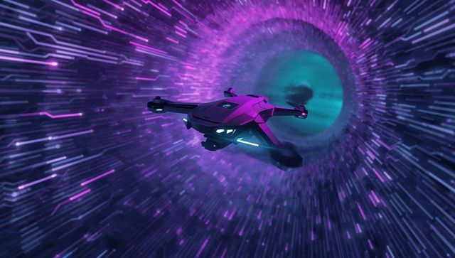 Futuristic quadcopter drone entering neon hyperspace vortex with motion trails